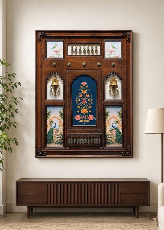 Saanj Mahal - Indian Wall Art Framed in Teakwood with Brass Diyas & Bells - Decor By The Way