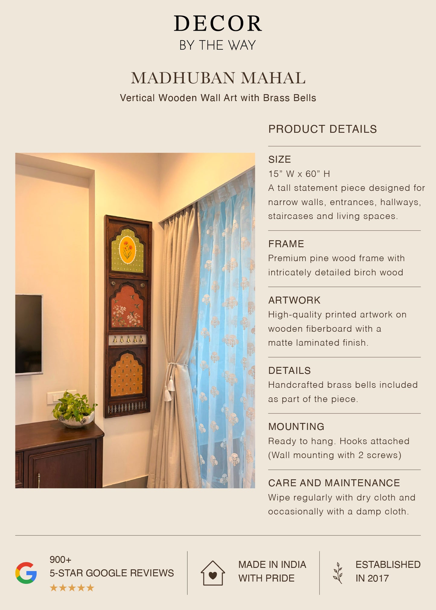 Madhuban Mahal - Vertical Wooden Wall Art with Brass Bells
