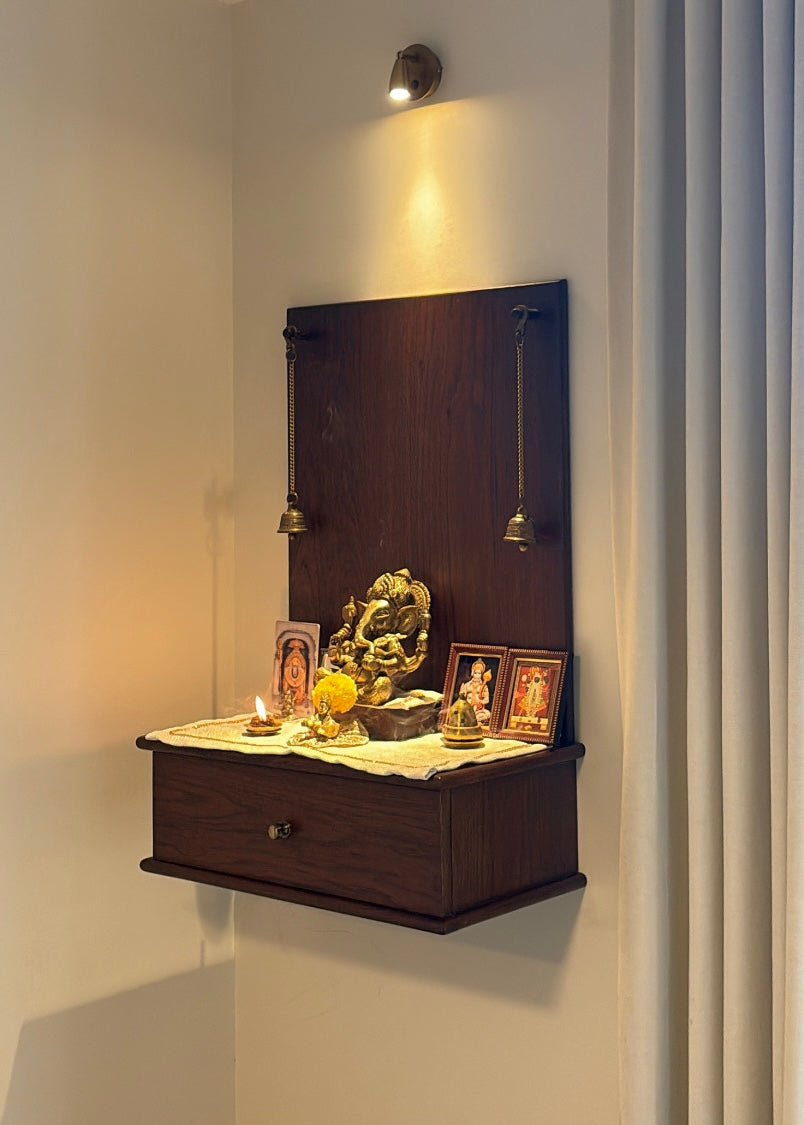 Shubhalaya Mandir – Wall-Mounted Wooden Mandir for Home | Compact & Elegant Pooja Temple with Brass Bells - Decor By The Way