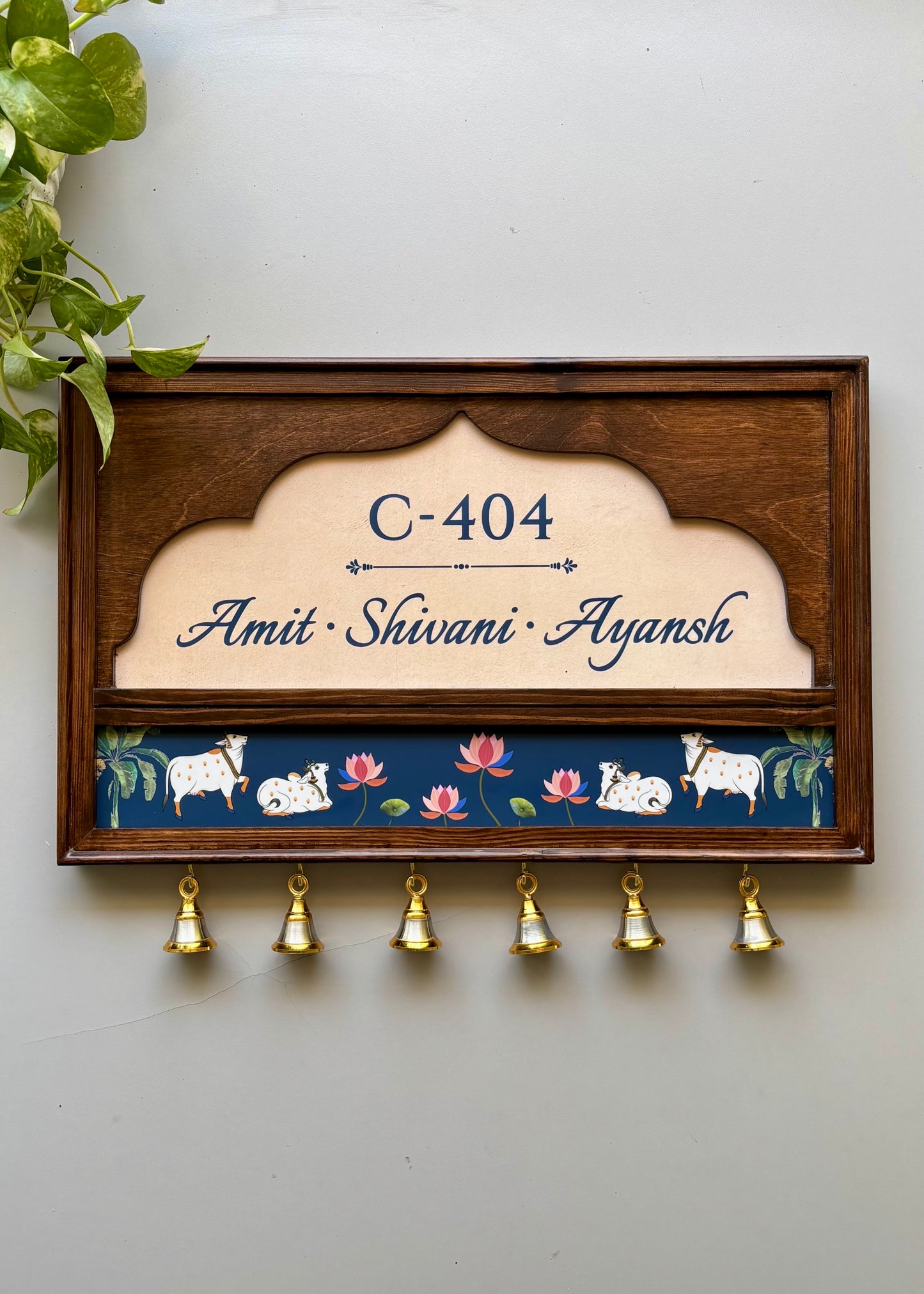 Pichwai Name Plate With Brass Bells - Decor By The Way