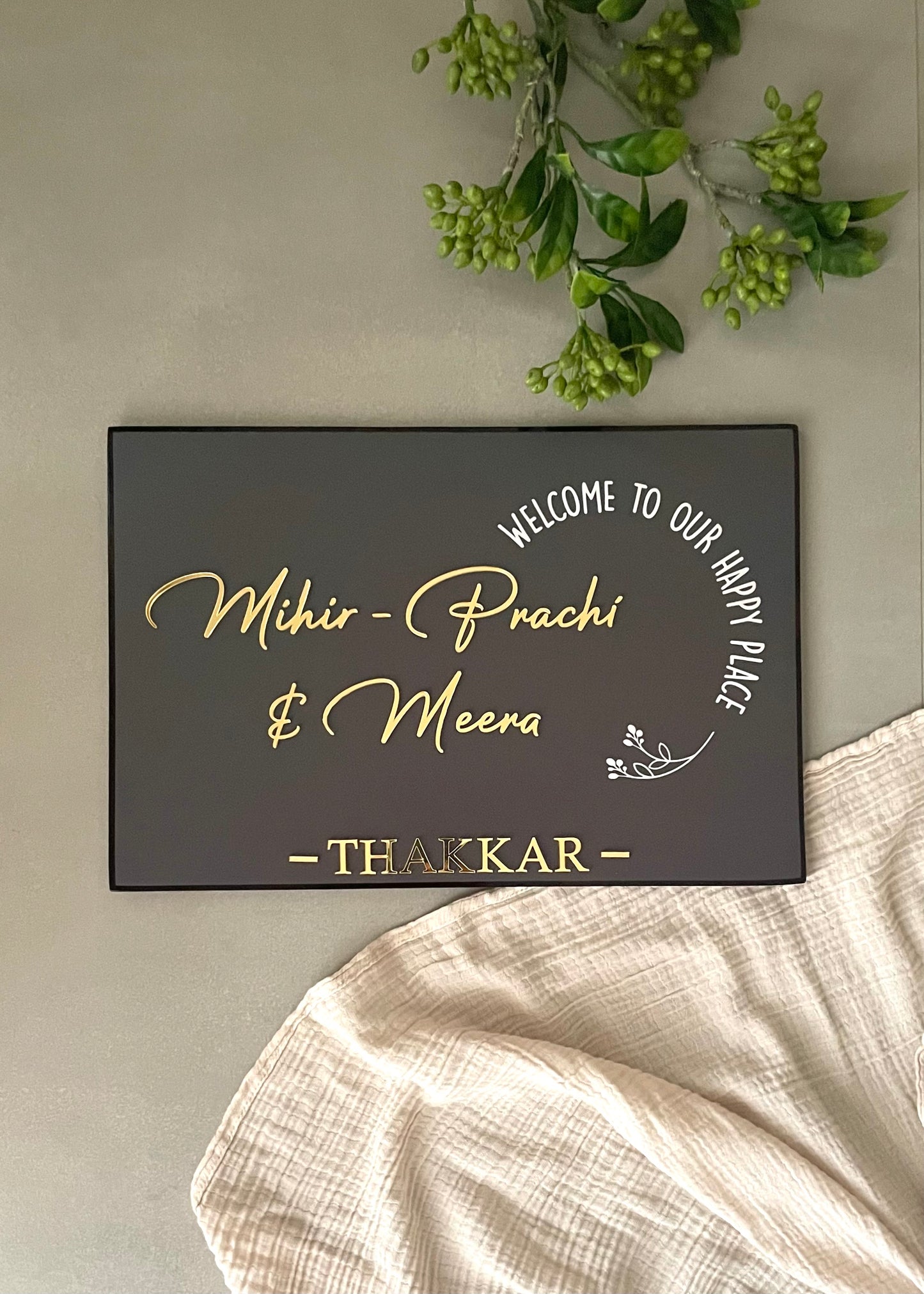 Welcome to Our Happy Place Grey Name Sign - Decor By The Way