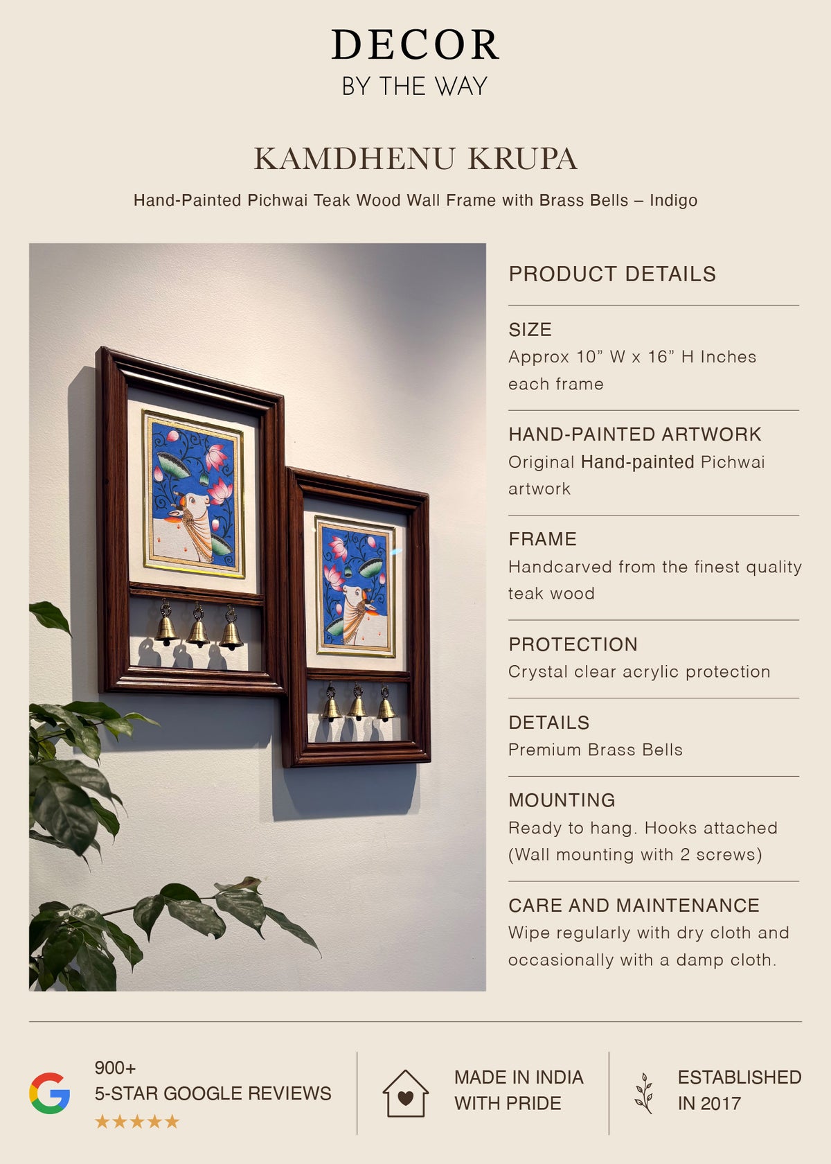 Kamdhenu Krupa | Hand-Painted Pichwai Teak Wood Wall Frame with Brass Bells – Indigo