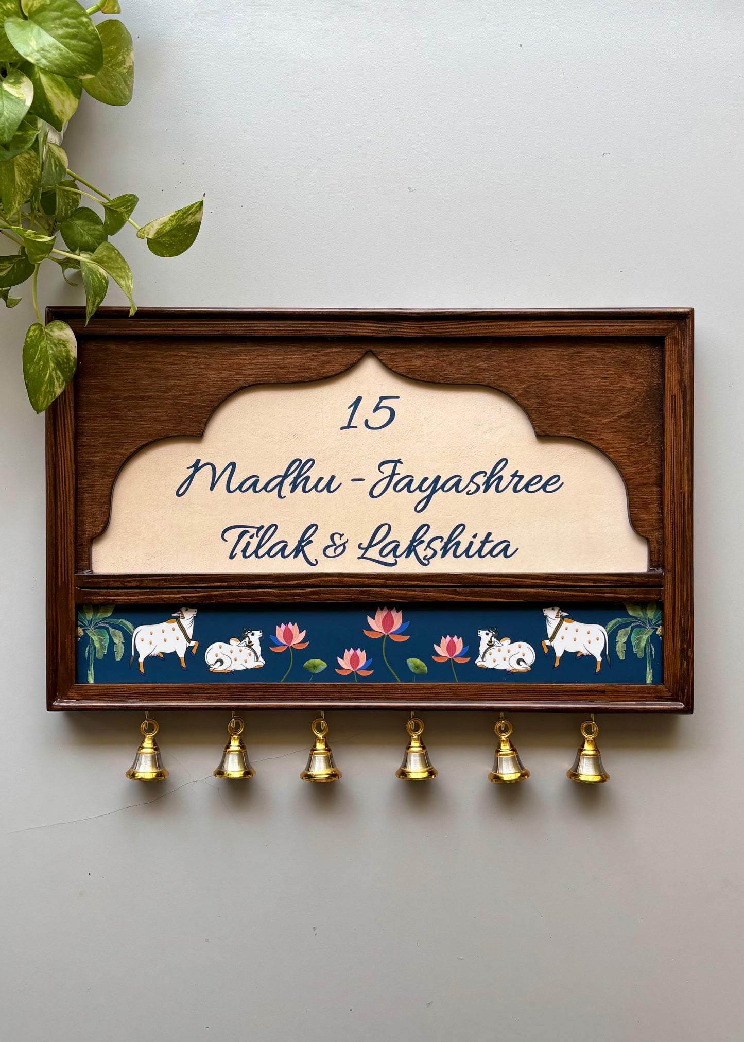 Pichwai Name Plate With Brass Bells - Decor By The Way
