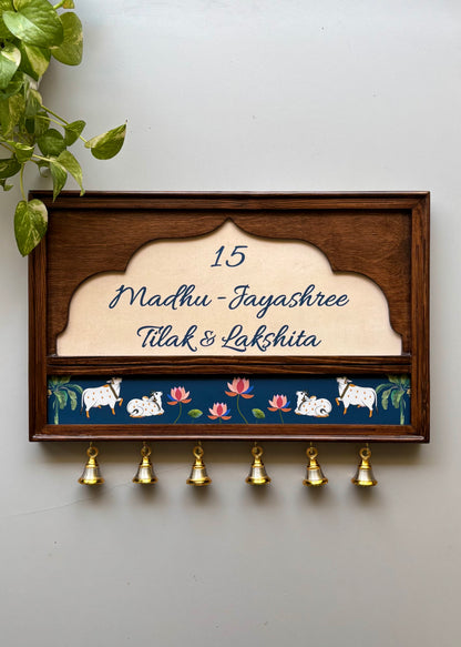 Pichwai Name Plate With Brass Bells - Decor By The Way