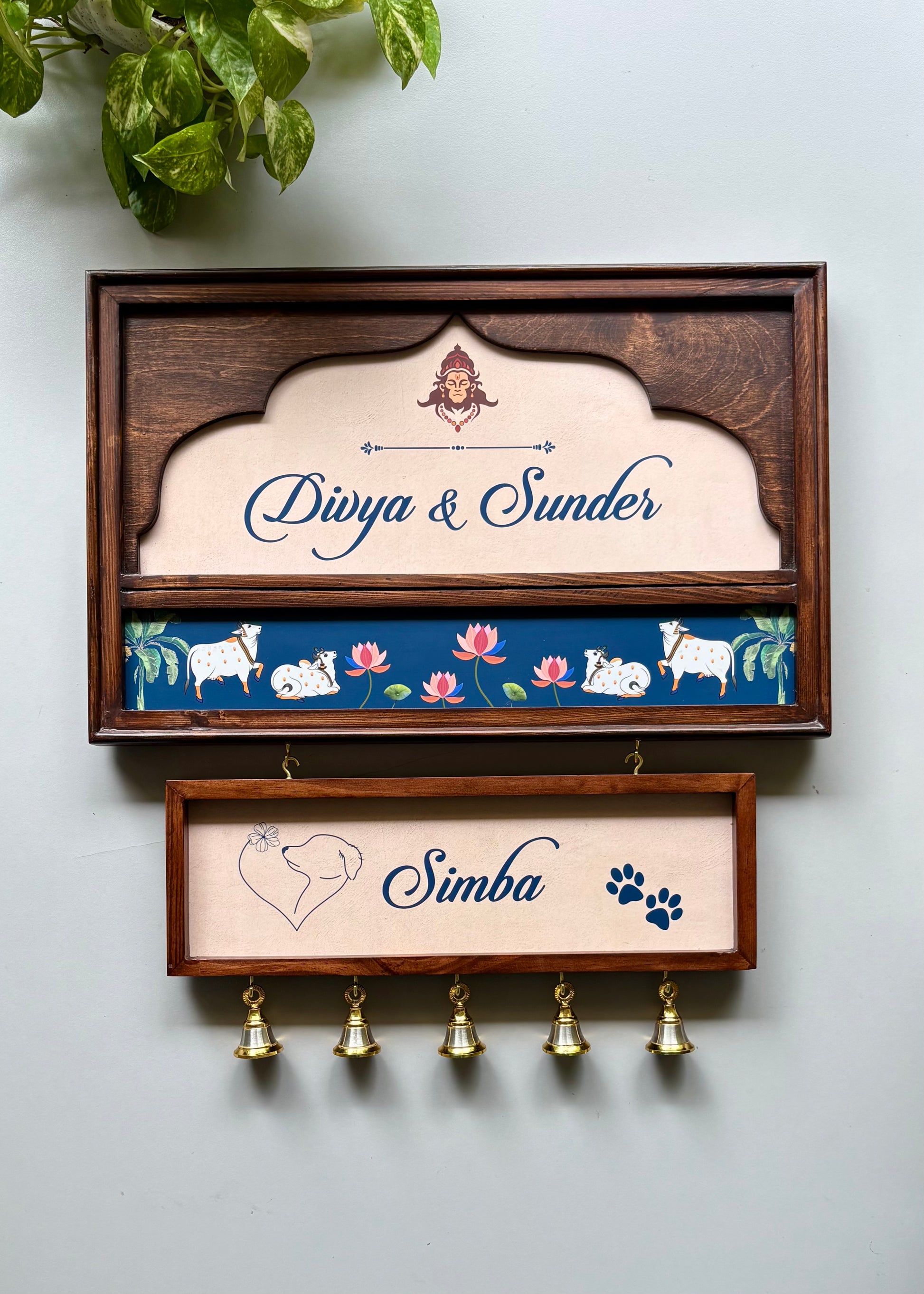 Pichwai Name Plate With Brass Bells - Decor By The Way