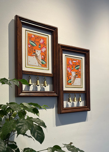 Kamdhenu Krupa | Hand-Painted Pichwai Teak Wood Wall Frame with Brass Bells – Saffron