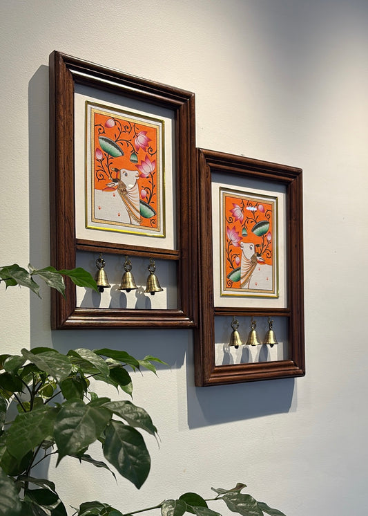 Kamdhenu Krupa | Hand-Painted Pichwai Teak Wood Wall Frame with Brass Bells – Saffron