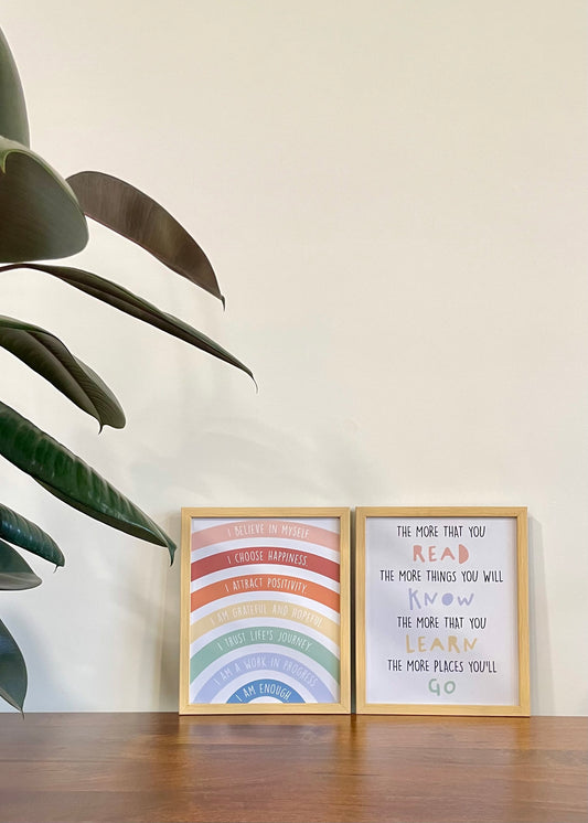 Nursery Wall Art Set of Two- Rainbow Affirmation and Reading Fun