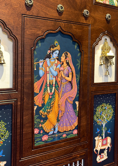 Madhav Milan - Radha Krishna Indian Wall Art Framed in Teakwood with Brass Diyas & Bells