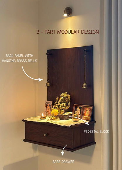 Shubhalaya Mandir – Wall-Mounted Wooden Mandir for Home | Compact & Elegant Pooja Temple with Brass Bells - Decor By The Way