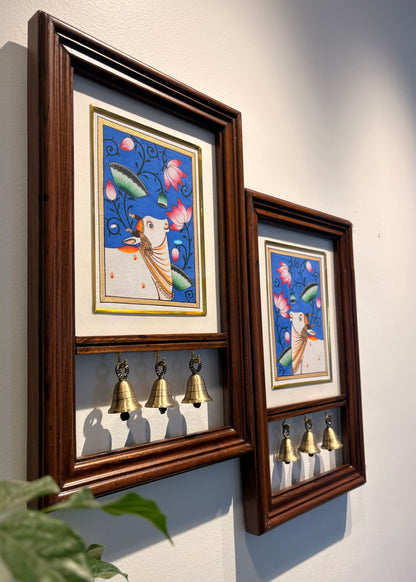 Kamdhenu Krupa | Hand-Painted Pichwai Teak Wood Wall Frame with Brass Bells – Indigo