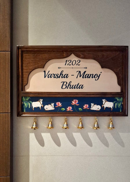 Pichwai Name Plate With Brass Bells - Decor By The Way