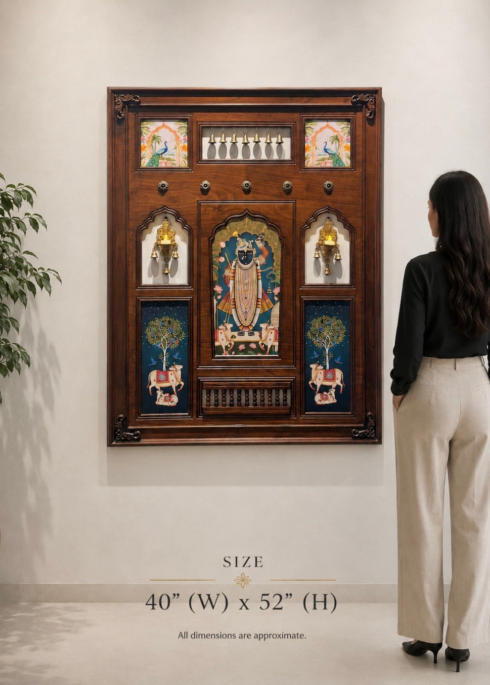 Shrinathji Haveli - Indian Wall Art Framed in Teakwood with Brass Diyas & Bells