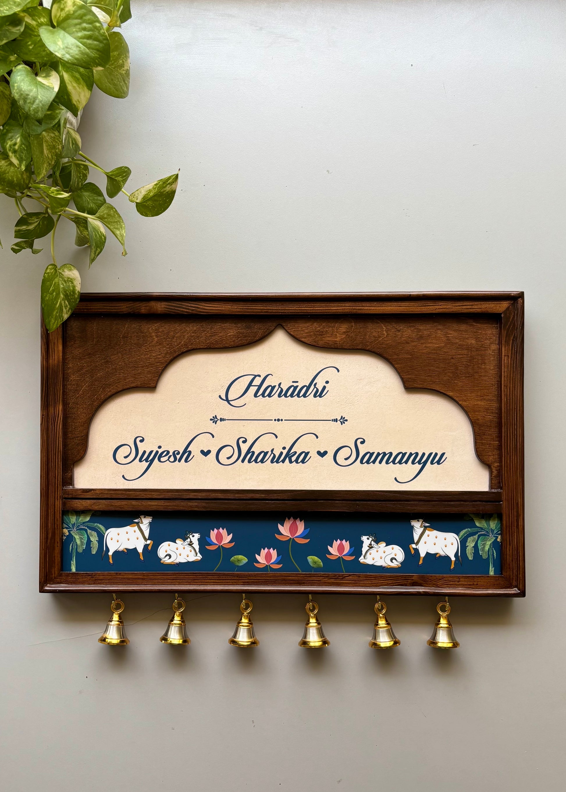 Pichwai Name Plate With Brass Bells - Decor By The Way