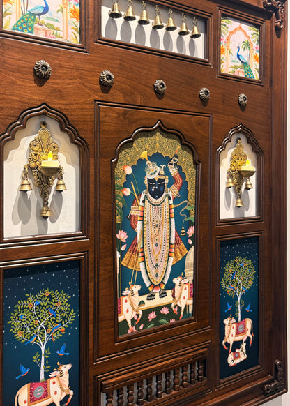 Shrinathji Haveli - Indian Wall Art Framed in Teakwood with Brass Diyas & Bells