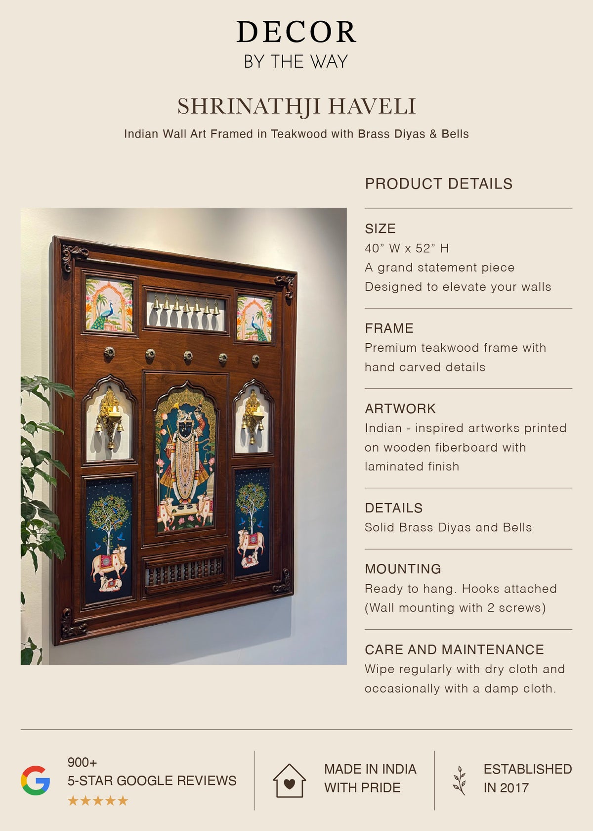 Shrinathji Haveli - Indian Wall Art Framed in Teakwood with Brass Diyas & Bells - Decor By The Way