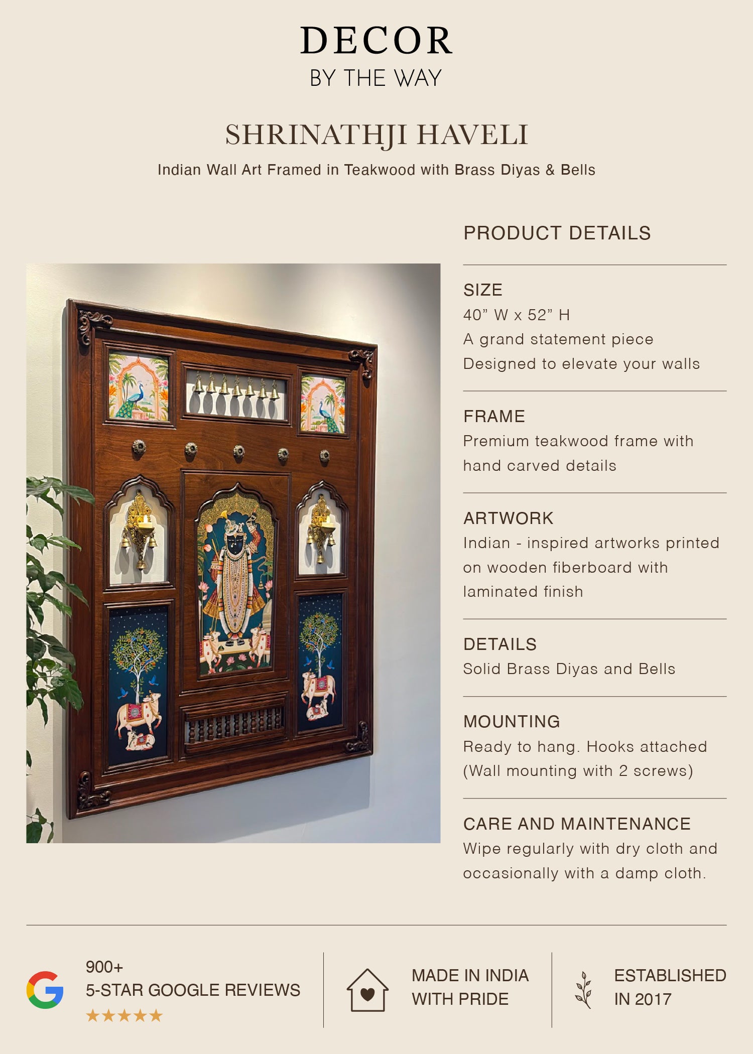 Shrinathji Haveli - Indian Wall Art Framed in Teakwood with Brass Diyas & Bells - Decor By The Way