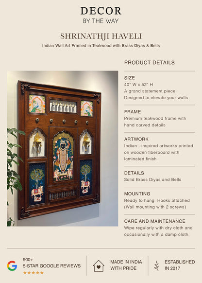 Shrinathji Haveli - Indian Wall Art Framed in Teakwood with Brass Diyas & Bells - Decor By The Way