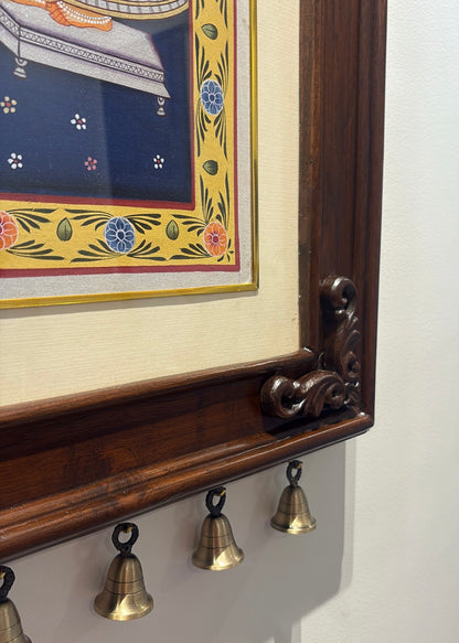 Shrinathji Sharan | Original Hand-Painted Pichwai Teak Wood Wall Frame with Brass Bells