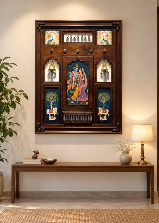 Madhav Milan - Radha Krishna Indian Wall Art Framed in Teakwood with Brass Diyas & Bells - Decor By The Way