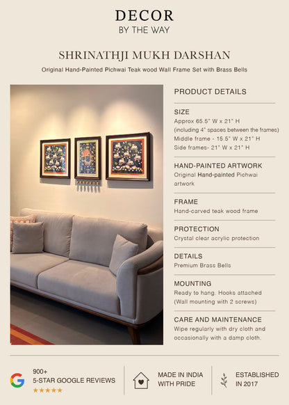 Shrinathji Mukh Darshan | Original Hand-Painted Pichwai Teak wood Wall Frame Set with Brass Bells