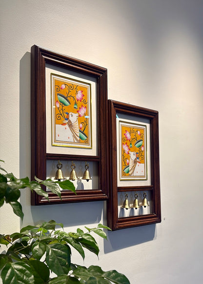 Kamdhenu Krupa | Hand-Painted Pichwai Teak Wood Wall Frame with Brass Bells - Mustard