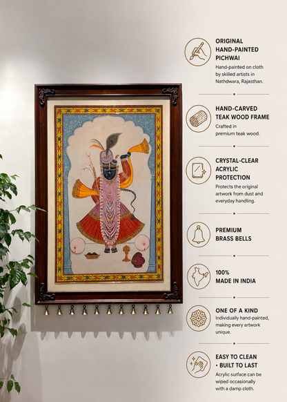 Shrinathji Krupa | Original Hand-Painted Pichwai Teak Wood Wall Frame with Brass Bells - Decor By The Way