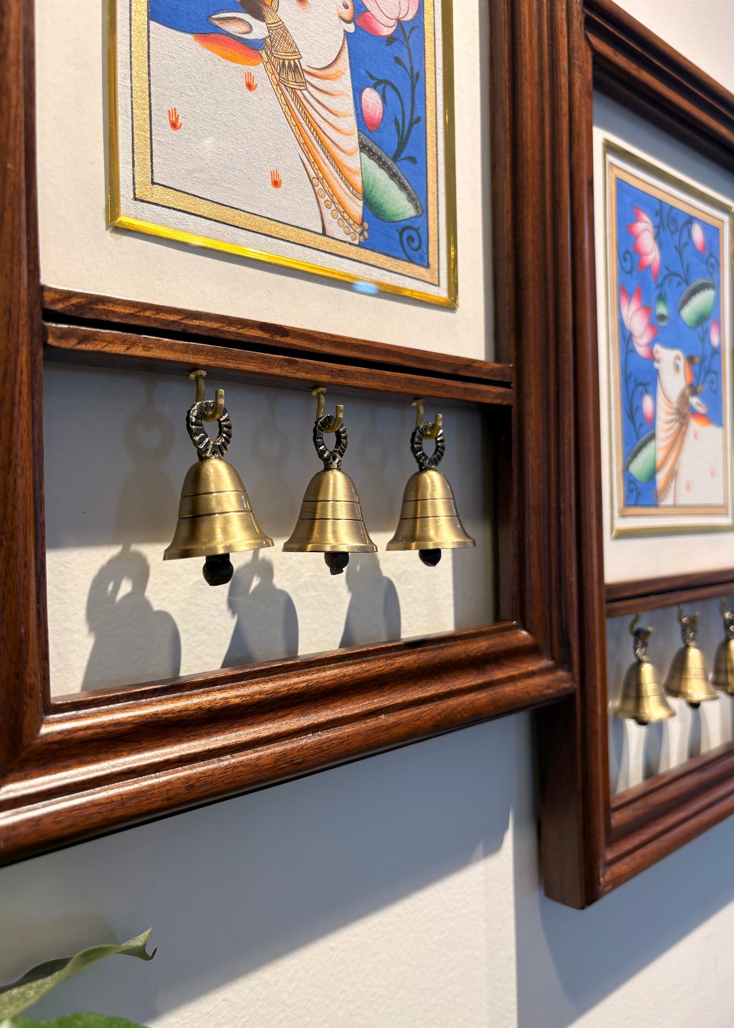 Kamdhenu Krupa | Hand-Painted Pichwai Teak Wood Wall Frame with Brass Bells – Indigo