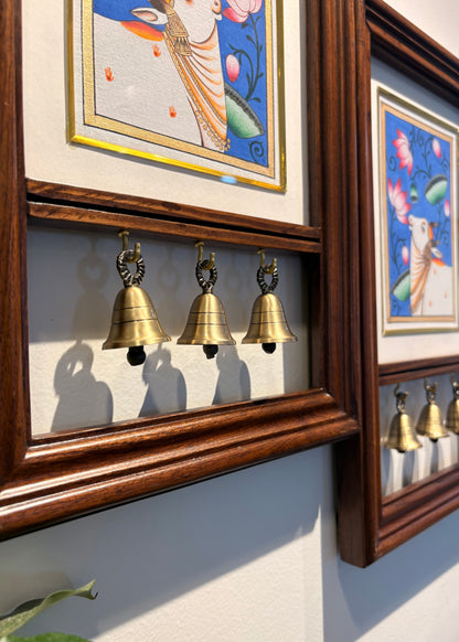 Kamdhenu Krupa | Hand-Painted Pichwai Teak Wood Wall Frame with Brass Bells – Indigo