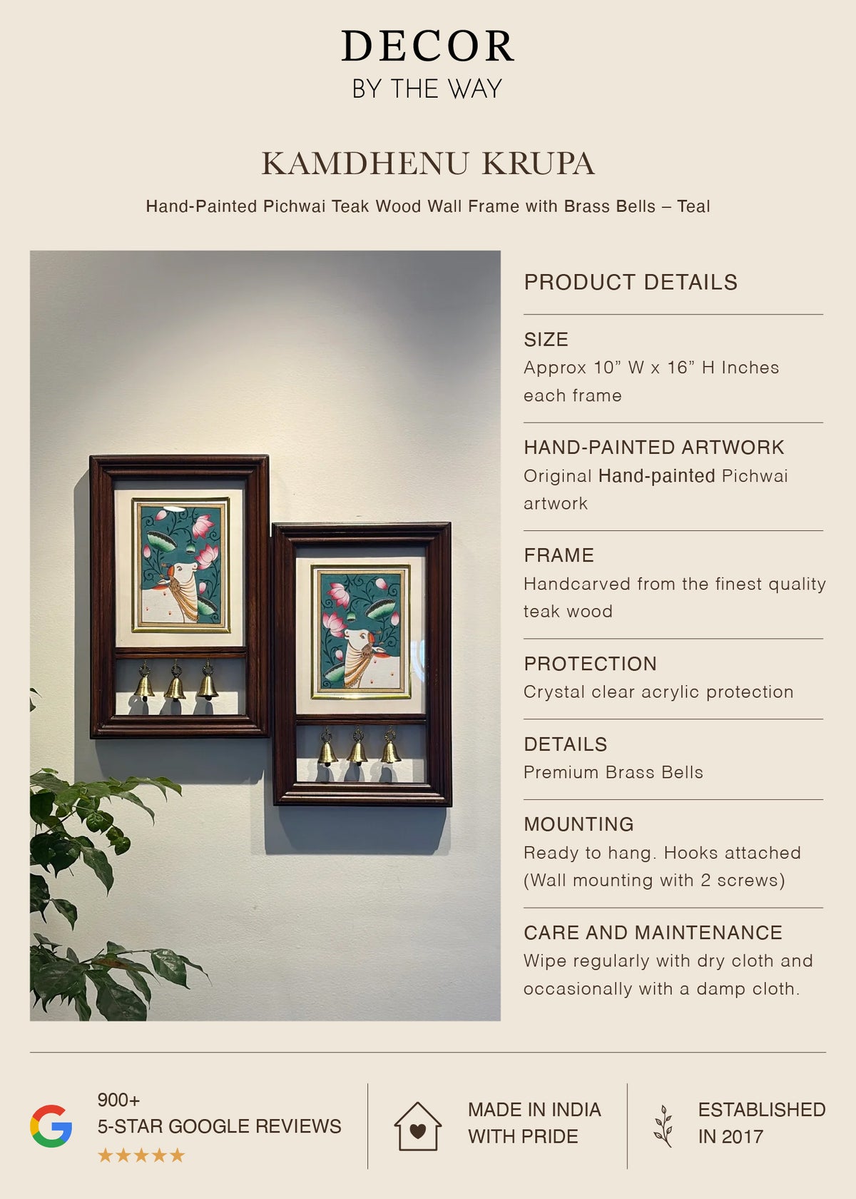 Kamdhenu Krupa | Hand-Painted Pichwai Teak Wood Wall Frame with Brass Bells - Teal