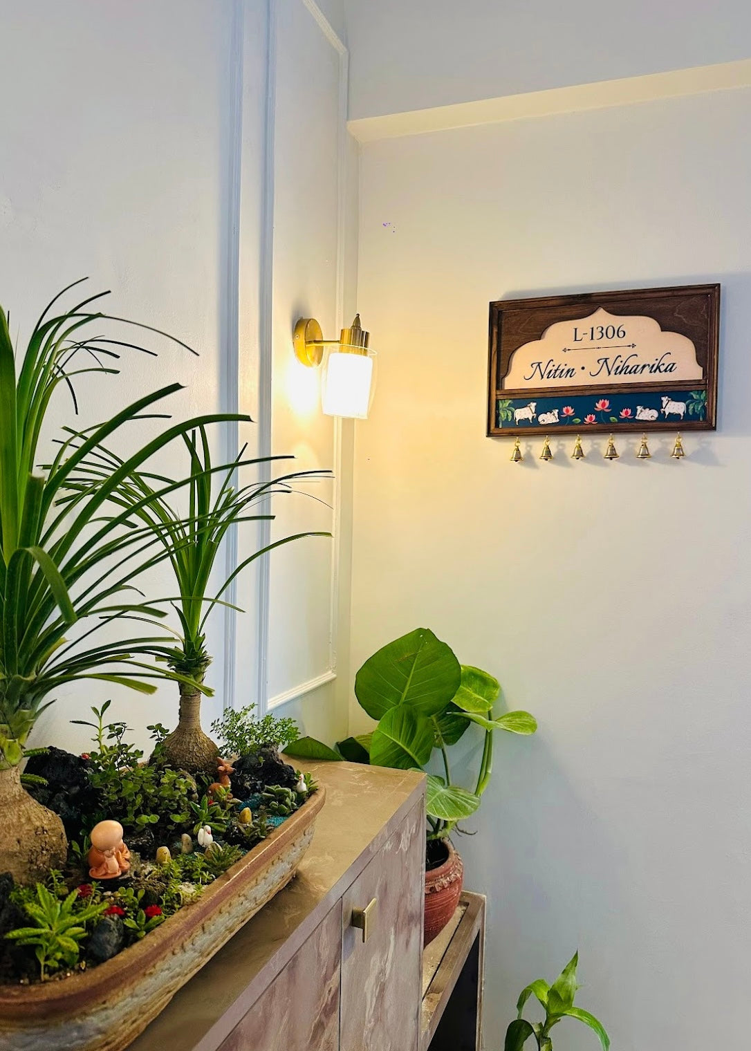 Pichwai Name Plate With Brass Bells - Decor By The Way