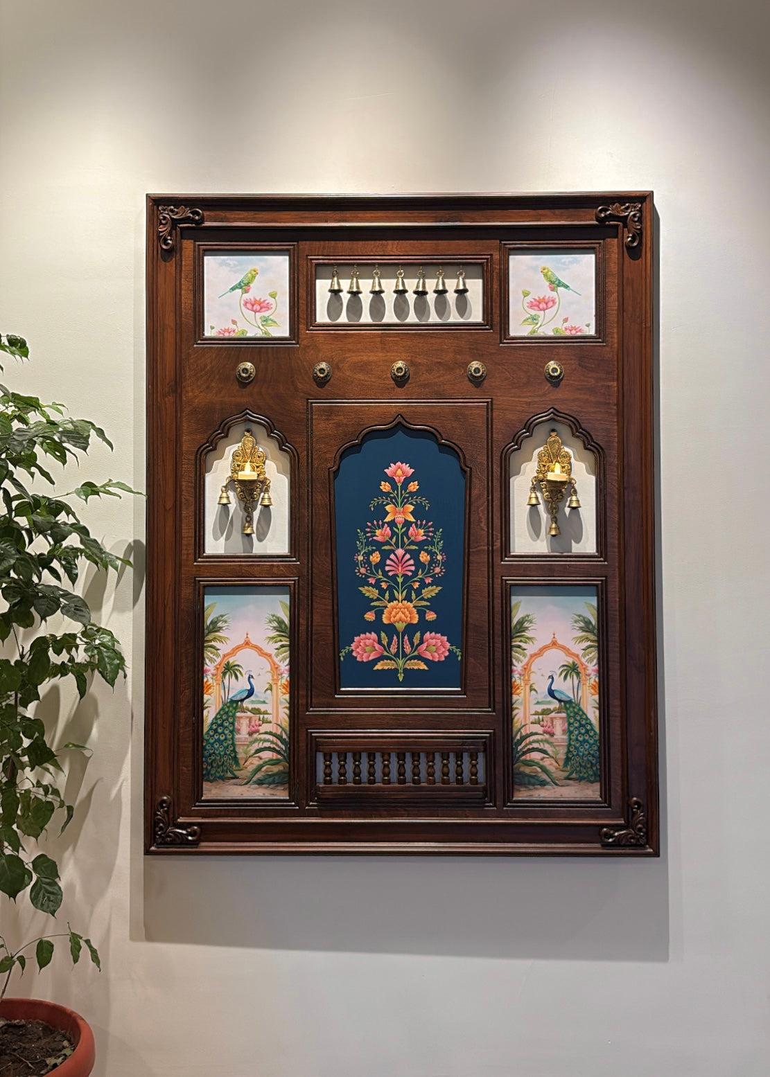 Saanj Mahal - Indian Wall Art Framed in Teakwood with Brass Diyas & Bells - Decor By The Way