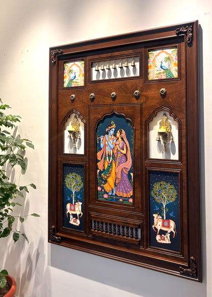 Madhav Milan - Radha Krishna Indian Wall Art Framed in Teakwood with Brass Diyas & Bells