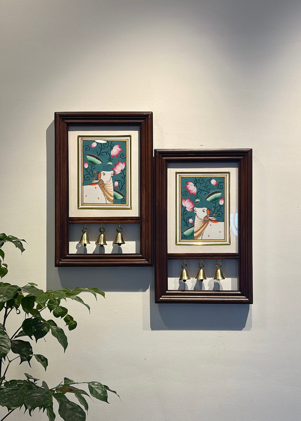 Kamdhenu Krupa | Hand-Painted Pichwai Teak Wood Wall Frame with Brass Bells - Teal