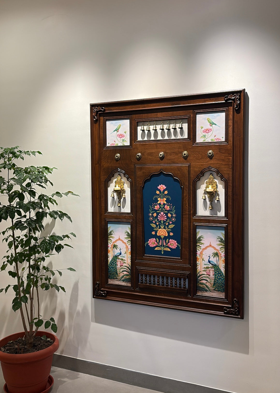 Saanj Mahal - Indian Wall Art Framed in Teakwood with Brass Diyas & Bells - Decor By The Way