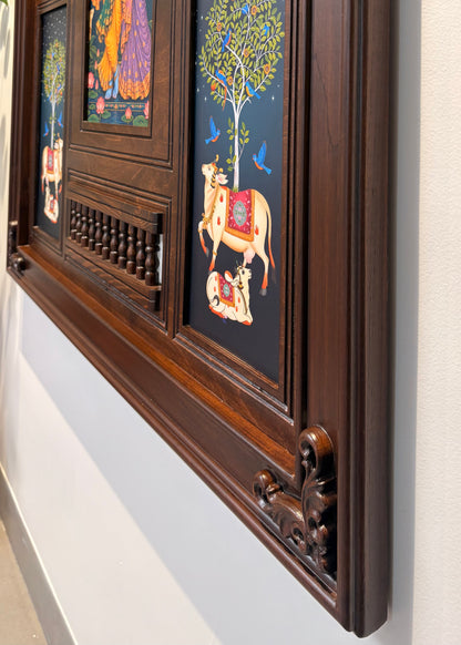 Madhav Milan - Radha Krishna Indian Wall Art Framed in Teakwood with Brass Diyas & Bells