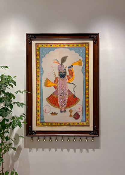 Shrinathji Krupa | Original Hand-Painted Pichwai Teak Wood Wall Frame with Brass Bells