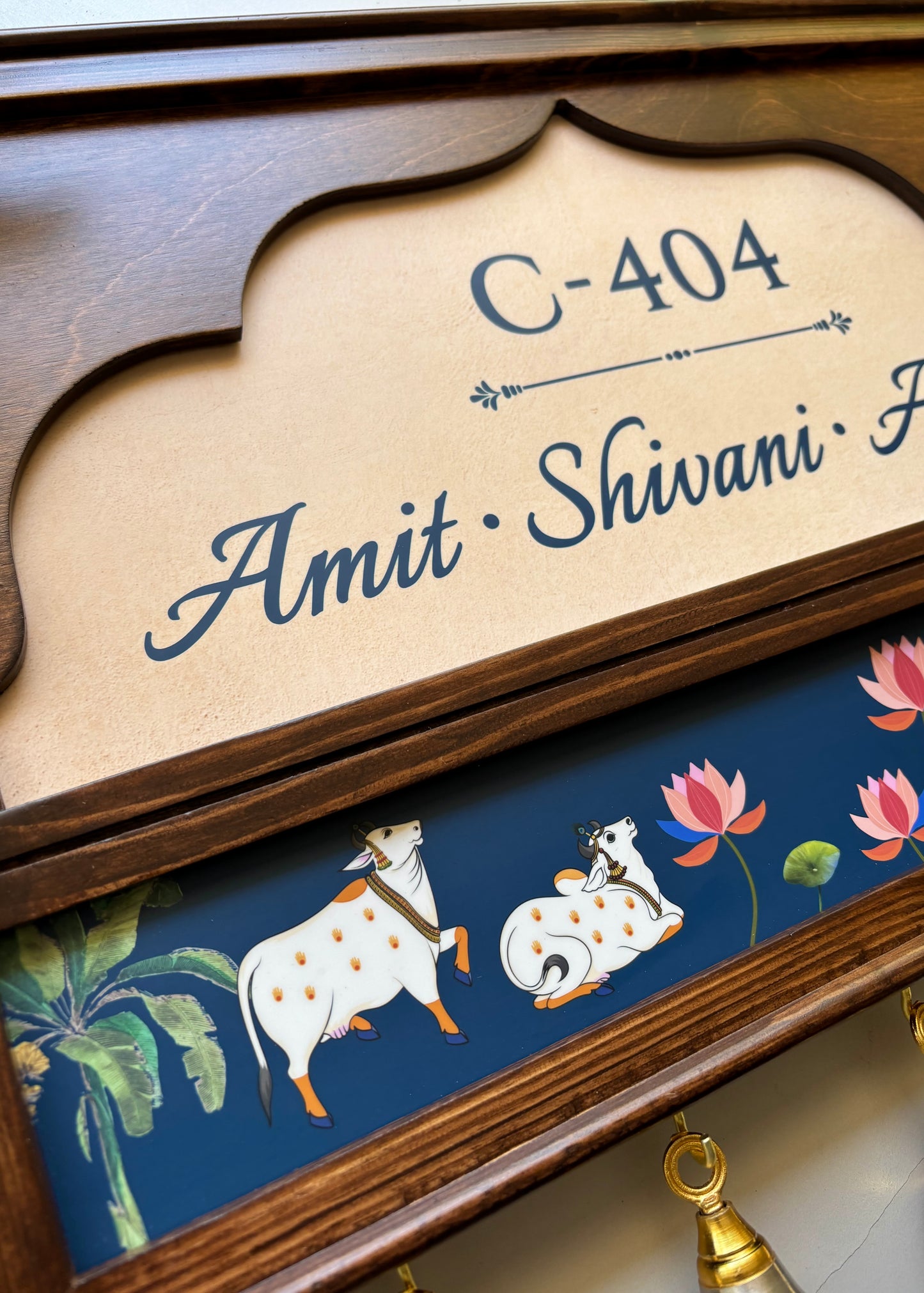Pichwai Name Plate With Brass Bells - Decor By The Way