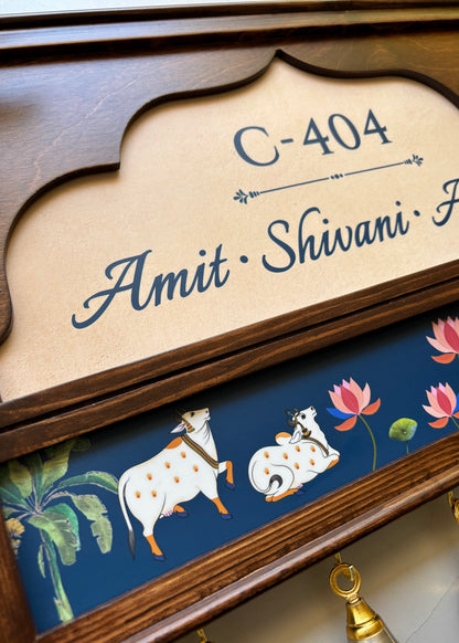 Pichwai Name Plate With Brass Bells - Decor By The Way