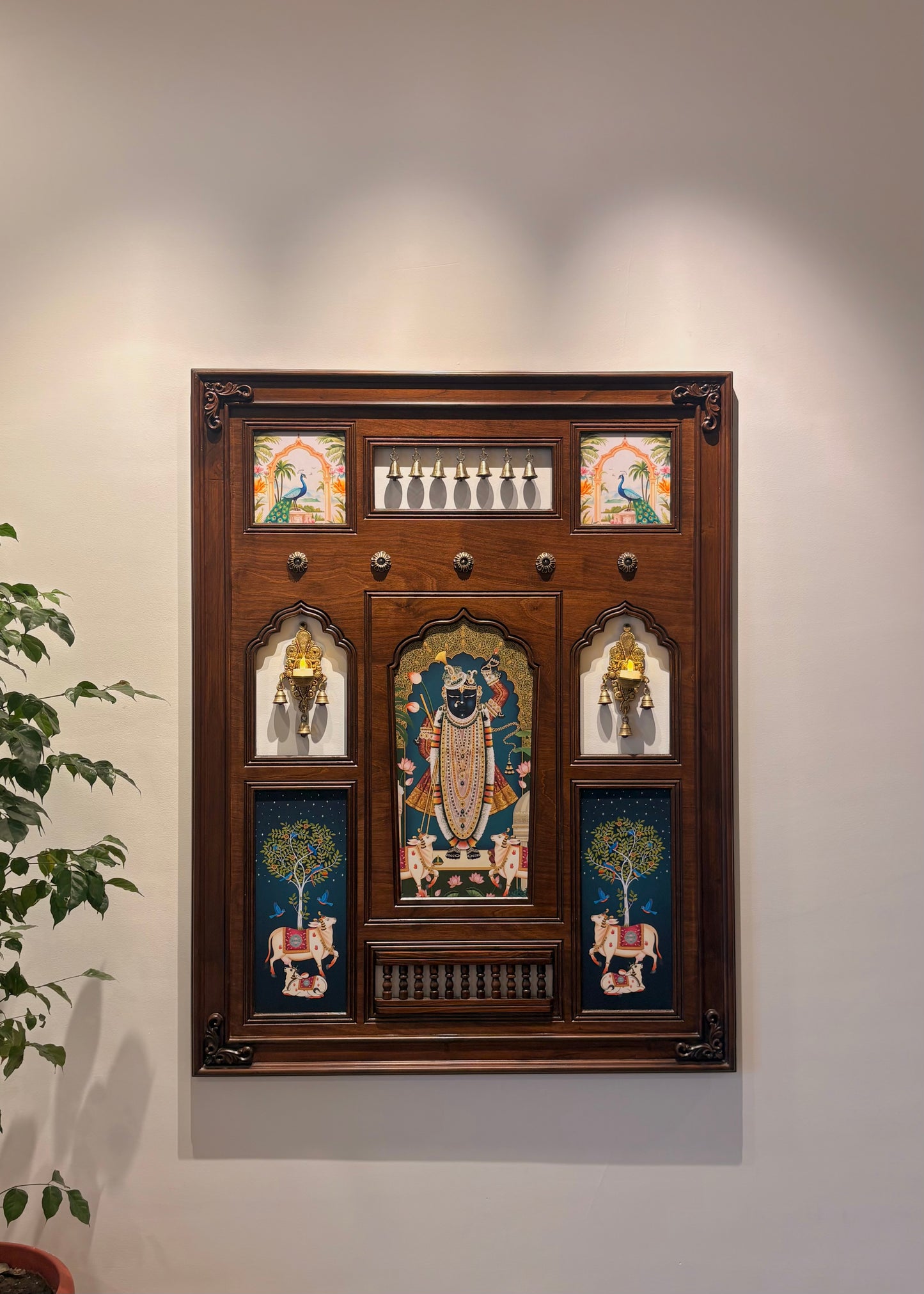 Shrinathji Haveli - Indian Wall Art Framed in Teakwood with Brass Diyas & Bells