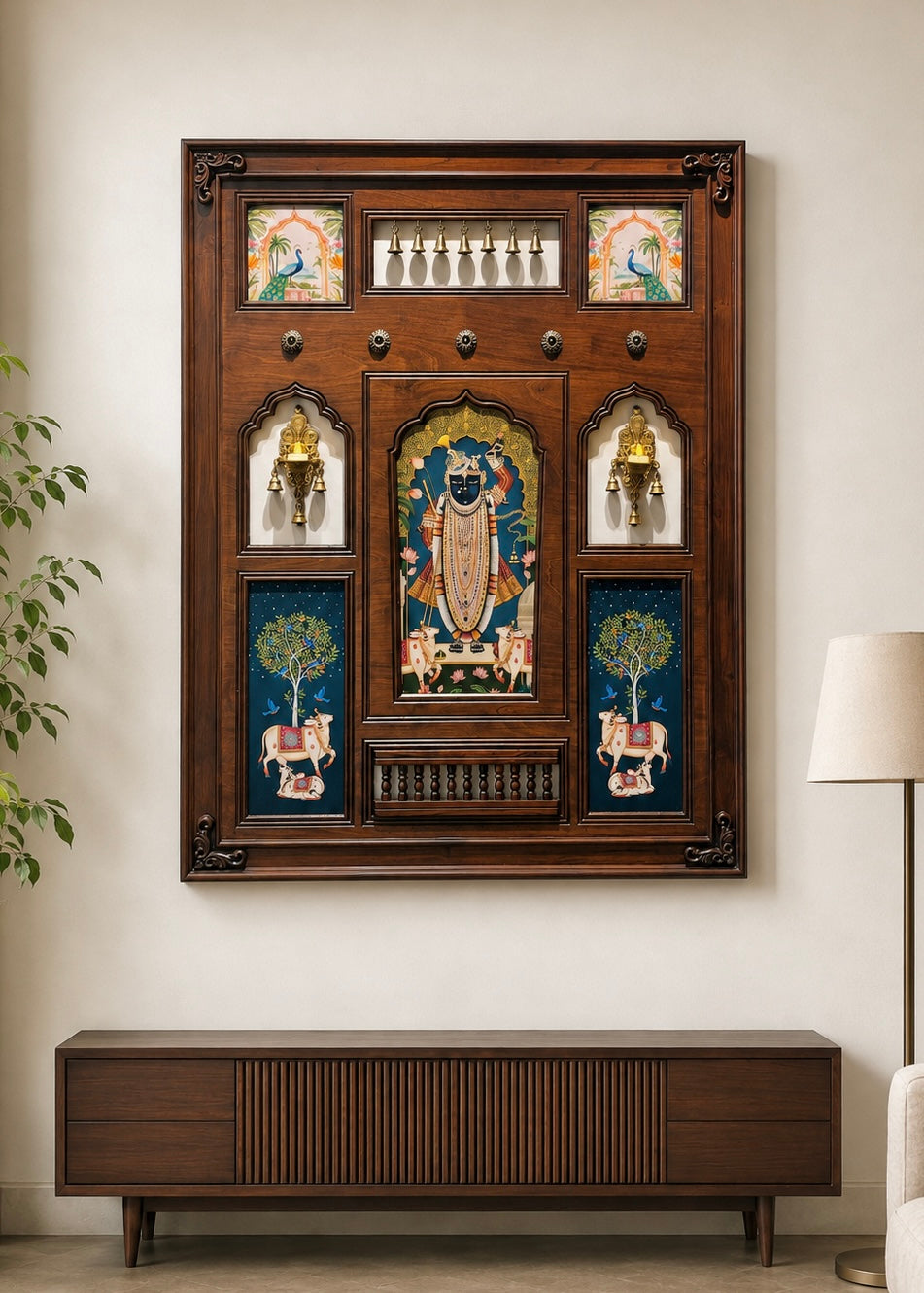 Shrinathji Haveli - Indian Wall Art Framed in Teakwood with Brass Diyas & Bells
