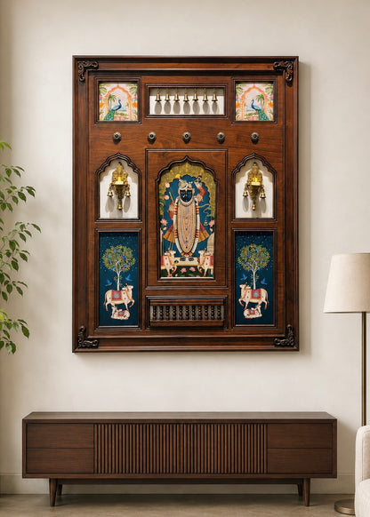 Shrinathji Haveli - Indian Wall Art Framed in Teakwood with Brass Diyas & Bells