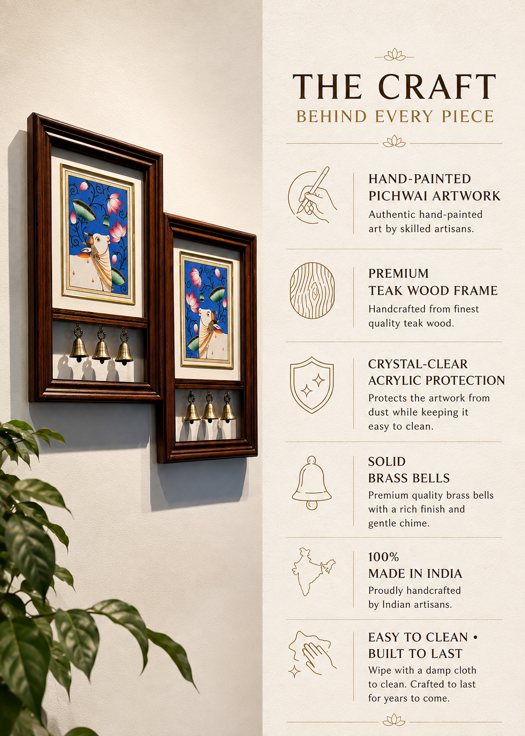 Kamdhenu Krupa | Hand-Painted Pichwai Teak Wood Wall Frame with Brass Bells – Indigo
