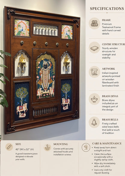 Shrinathji Haveli - Indian Wall Art Framed in Teakwood with Brass Diyas & Bells