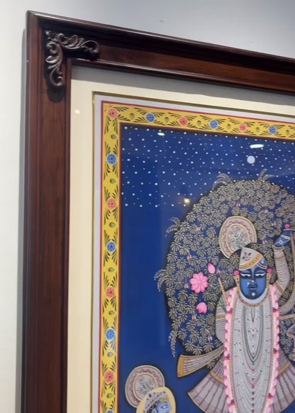 Shrinathji Sharan | Original Hand-Painted Pichwai Teak Wood Wall Frame with Brass Bells