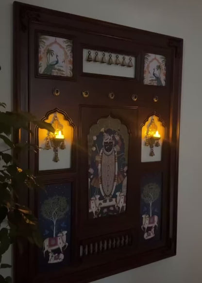 Shrinathji Haveli - Indian Wall Art Framed in Teakwood with Brass Diyas & Bells
