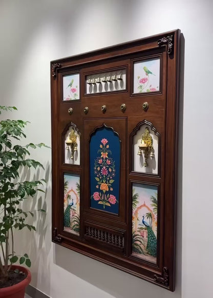Saanj Mahal - Indian Wall Art Framed in Teakwood with Brass Diyas & Bells