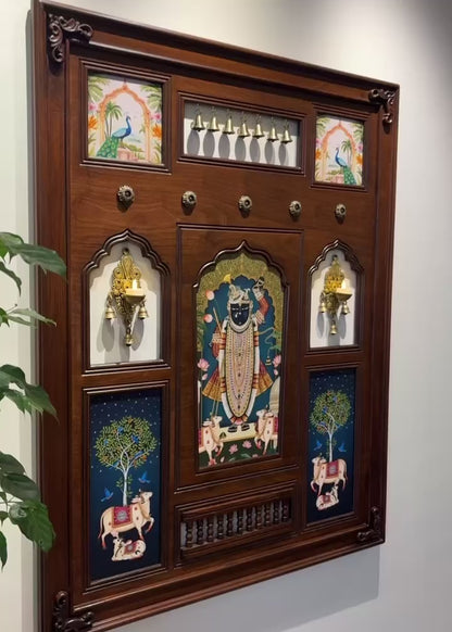 Shrinathji Haveli - Indian Wall Art Framed in Teakwood with Brass Diyas & Bells