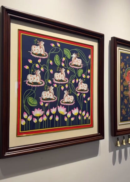 Shrinathji Mukh Darshan | Original Hand-Painted Pichwai Teak wood Wall Frame Set with Brass Bells