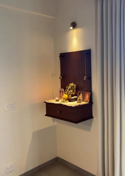 Shubhalaya Mandir – Wall-Mounted Wooden Mandir for Home | Compact & Elegant Pooja Temple with Brass Bells